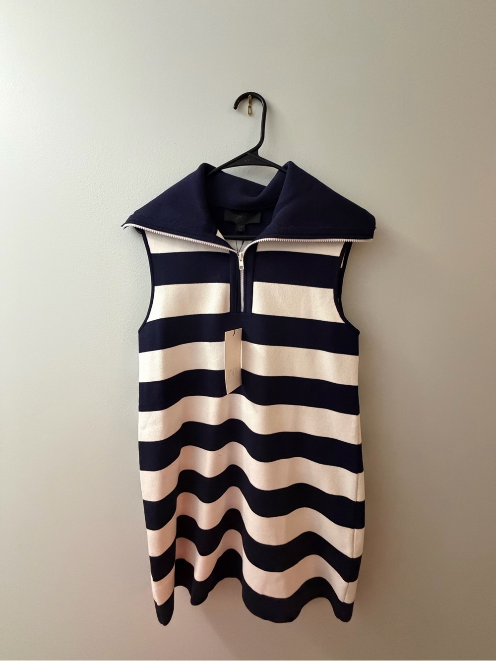 Zara Navy and Cream Striped Sleeveless Zip-Front Mini Dress